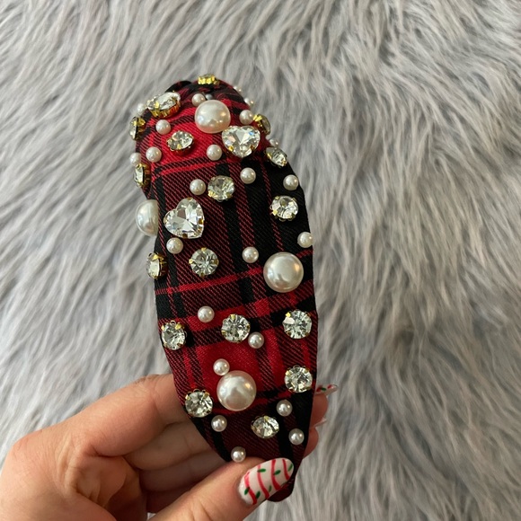 Red Plaid Headband with Pearls and Gems - Picture 3 of 9